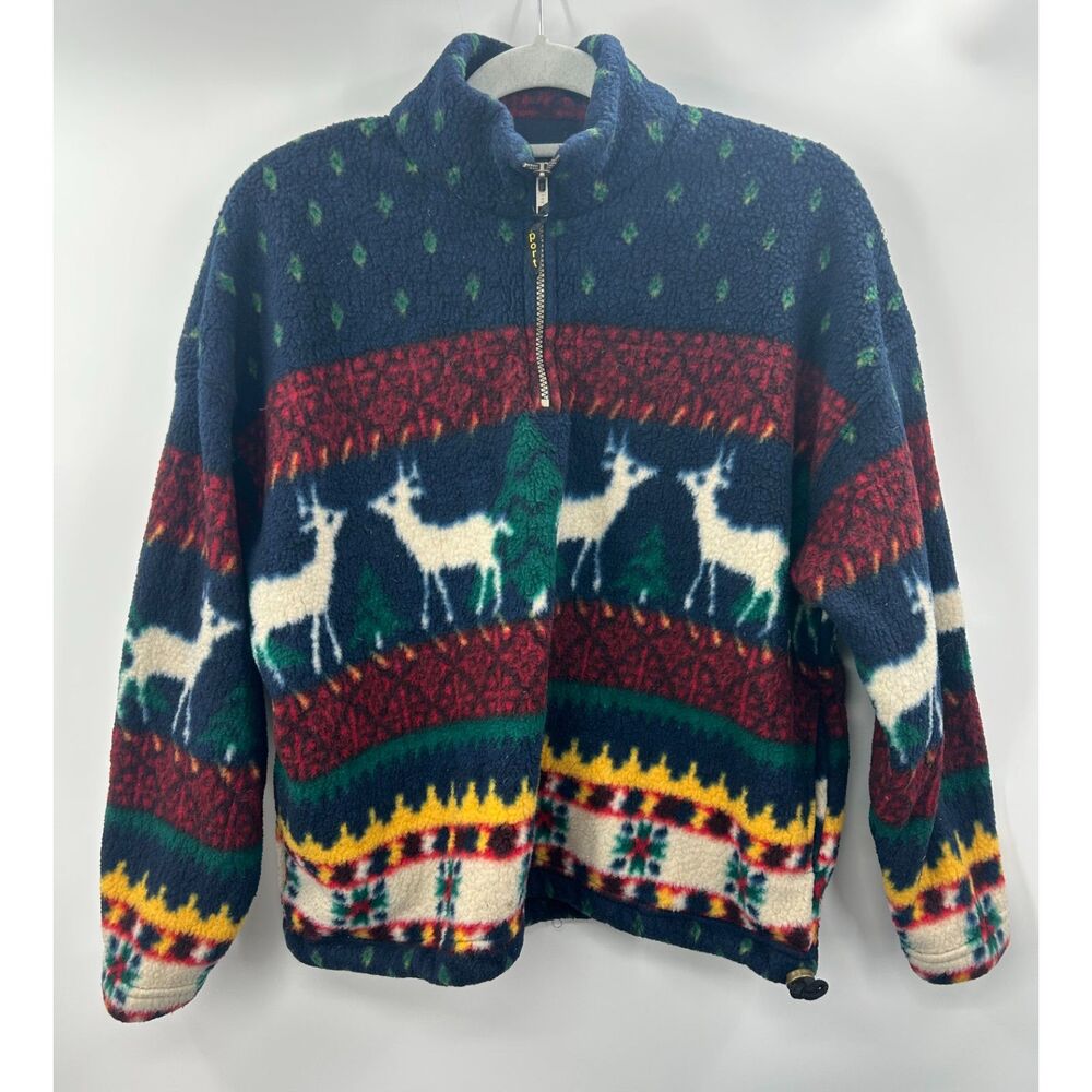 Vintage Reindeer 1/4 Zip Fleece Pullover Christmas Sweater M Fair Isle